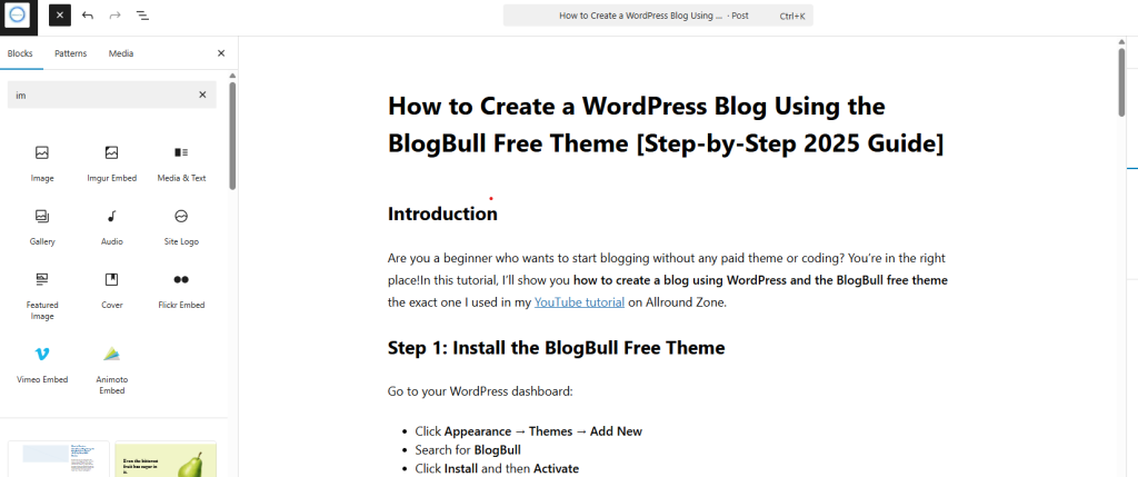 Creating a blog post and setting a featured image in BlogBull