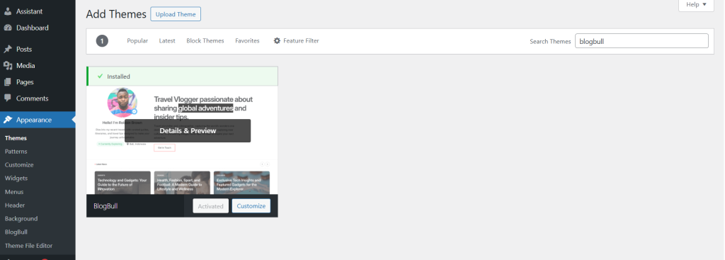 Installing BlogBull theme in WordPress dashboard