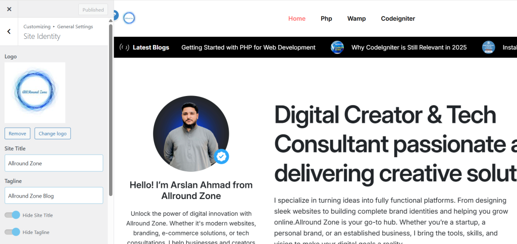 Uploading logo and hiding site title in BlogBull